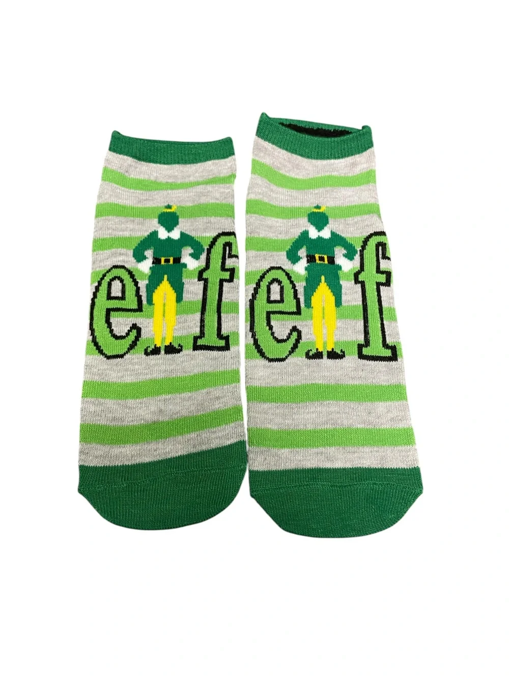 Striped Elf Graphic Crew Socks in Green and Gray